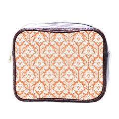 White On Orange Damask Mini Travel Toiletry Bag (one Side)