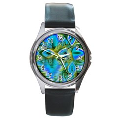 Mystical Spring, Abstract Crystal Renewal Round Leather Watch (silver Rim) by DianeClancy