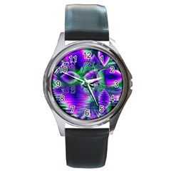 Evening Crystal Primrose, Abstract Night Flowers Round Leather Watch (silver Rim) by DianeClancy