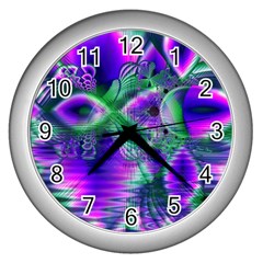 Evening Crystal Primrose, Abstract Night Flowers Wall Clock (silver) by DianeClancy