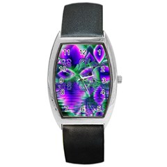 Evening Crystal Primrose, Abstract Night Flowers Tonneau Leather Watch by DianeClancy