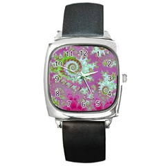 Raspberry Lime Surprise, Abstract Sea Garden  Square Leather Watch by DianeClancy