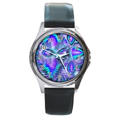 Peacock Crystal Palace Of Dreams, Abstract Round Leather Watch (silver Rim) by DianeClancy