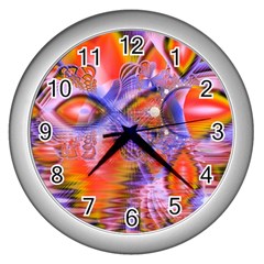 Crystal Star Dance, Abstract Purple Orange Wall Clock (silver) by DianeClancy