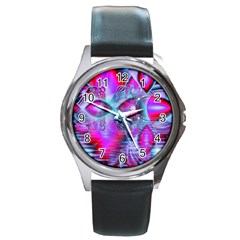 Crystal Northern Lights Palace, Abstract Ice  Round Leather Watch (silver Rim) by DianeClancy