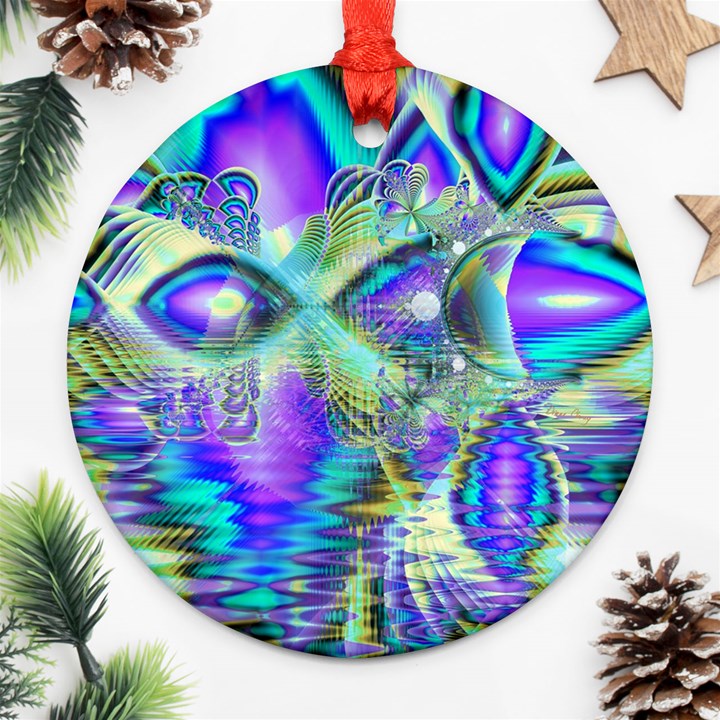 Abstract Peacock Celebration, Golden Violet Teal Round Ornament