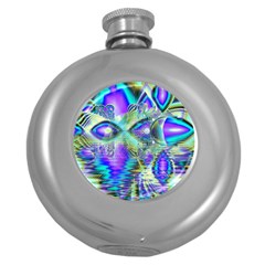 Abstract Peacock Celebration, Golden Violet Teal Hip Flask (round) by DianeClancy