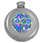 Abstract Peacock Celebration, Golden Violet Teal Hip Flask (Round) Front