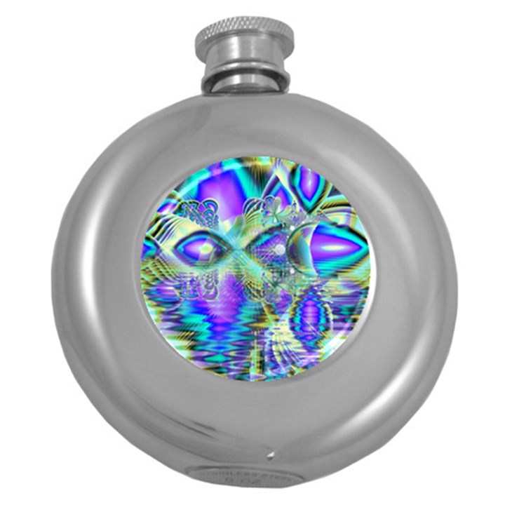 Abstract Peacock Celebration, Golden Violet Teal Hip Flask (Round)