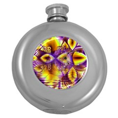 Golden Violet Crystal Palace, Abstract Cosmic Explosion Hip Flask (round) by DianeClancy