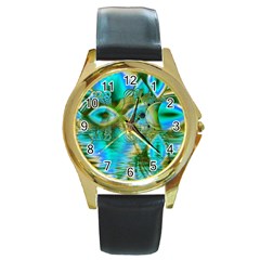 Crystal Gold Peacock, Abstract Mystical Lake Round Leather Watch (gold Rim)  by DianeClancy