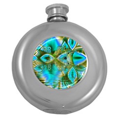 Crystal Gold Peacock, Abstract Mystical Lake Hip Flask (Round)