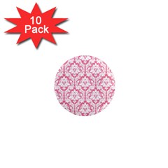 White On Soft Pink Damask 1  Mini Button Magnet (10 Pack) by Zandiepants