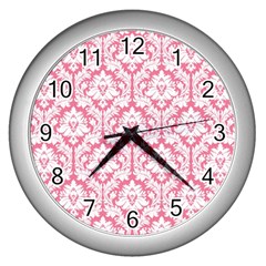 White On Soft Pink Damask Wall Clock (silver) by Zandiepants