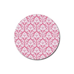 White On Soft Pink Damask Drink Coaster (round) by Zandiepants