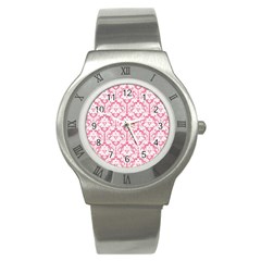 White On Soft Pink Damask Stainless Steel Watch (slim) by Zandiepants