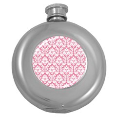 White On Soft Pink Damask Hip Flask (round) by Zandiepants