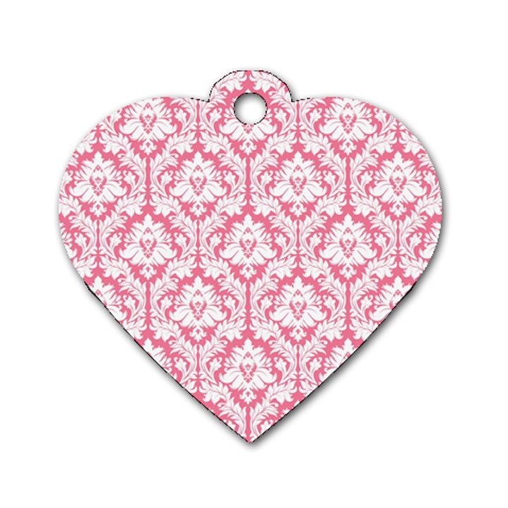 White On Soft Pink Damask Dog Tag Heart (One Sided) 