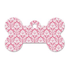 White On Soft Pink Damask Dog Tag Bone (two Sided) by Zandiepants