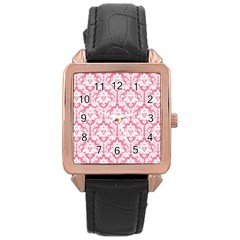 White On Soft Pink Damask Rose Gold Leather Watch  by Zandiepants