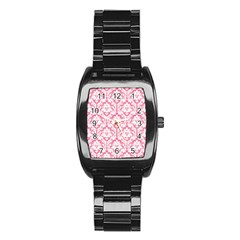 White On Soft Pink Damask Stainless Steel Barrel Watch by Zandiepants