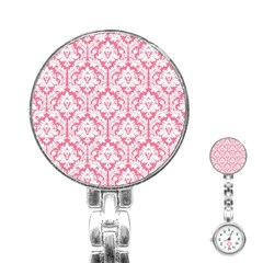 White On Soft Pink Damask Stainless Steel Nurses Watch by Zandiepants