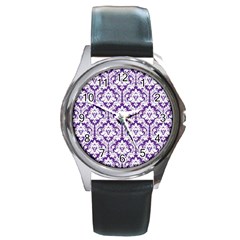 White On Purple Damask Round Leather Watch (silver Rim) by Zandiepants