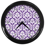 White on Purple Damask Wall Clock (Black) Front