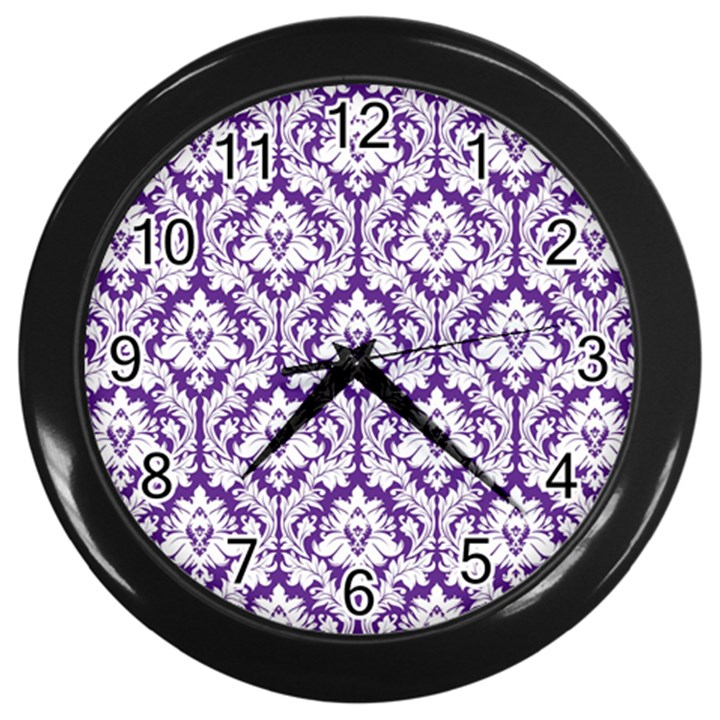 White on Purple Damask Wall Clock (Black)