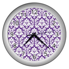 White On Purple Damask Wall Clock (silver) by Zandiepants