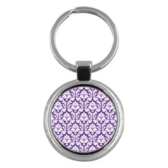 White On Purple Damask Key Chain (round) by Zandiepants