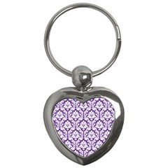 White On Purple Damask Key Chain (heart) by Zandiepants