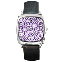 White On Purple Damask Square Leather Watch by Zandiepants