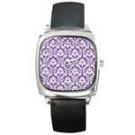 White on Purple Damask Square Leather Watch Front