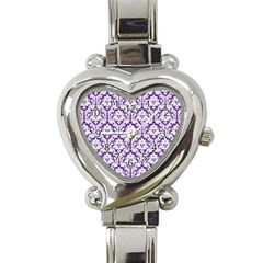 White On Purple Damask Heart Italian Charm Watch  by Zandiepants