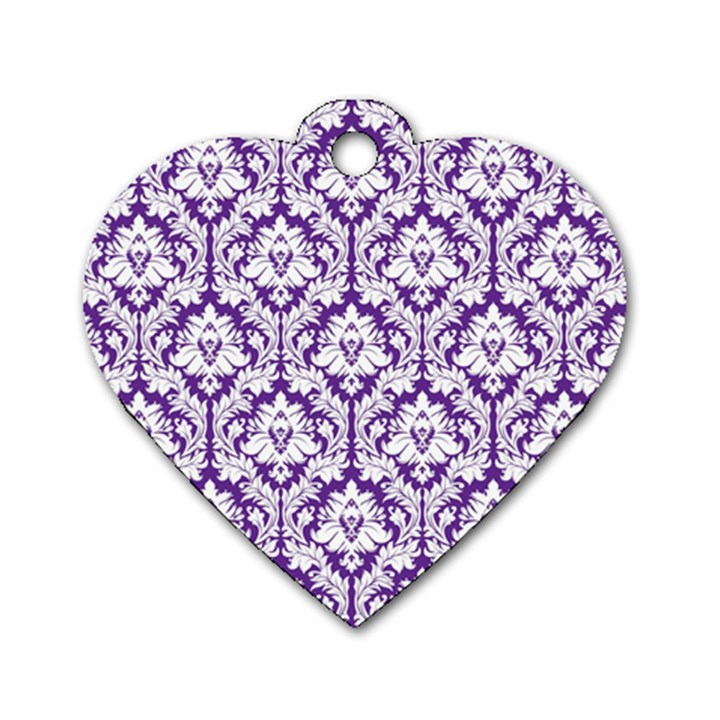 White on Purple Damask Dog Tag Heart (One Sided) 