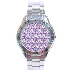 White On Purple Damask Stainless Steel Watch by Zandiepants