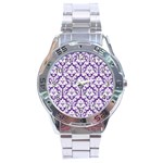 White on Purple Damask Stainless Steel Watch Front