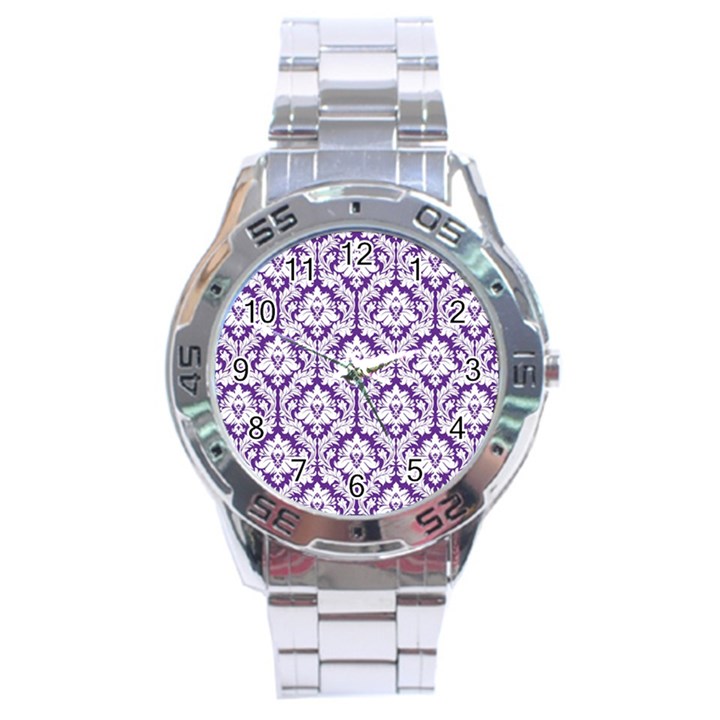 White on Purple Damask Stainless Steel Watch