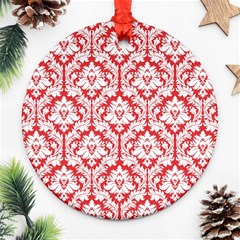 White On Red Damask Round Ornament by Zandiepants