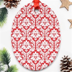 White On Red Damask Oval Ornament by Zandiepants