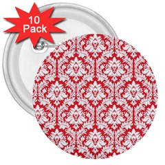 White On Red Damask 3  Button (10 Pack) by Zandiepants