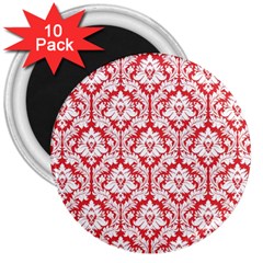 White On Red Damask 3  Button Magnet (10 Pack) by Zandiepants