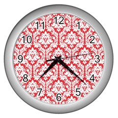 White On Red Damask Wall Clock (silver) by Zandiepants