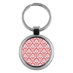 White On Red Damask Key Chain (round) by Zandiepants