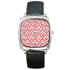 White On Red Damask Square Leather Watch by Zandiepants