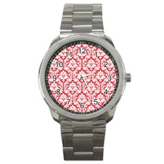 White On Red Damask Sport Metal Watch by Zandiepants