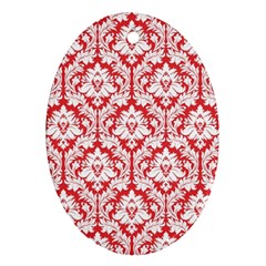 White On Red Damask Oval Ornament (two Sides) by Zandiepants