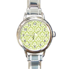 White On Spring Green Damask Round Italian Charm Watch