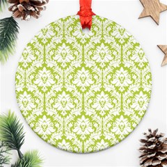 White On Spring Green Damask Round Ornament by Zandiepants